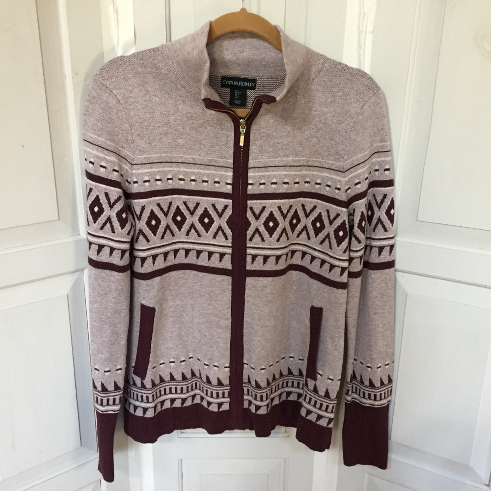 Cynthia Rowley Burgundy Geometric Patterned Full Zip Sweater